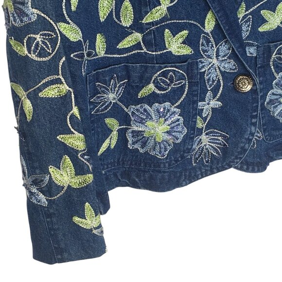 New Direction Denim Blazer Womens Small Blue Floral Embroidered Jacket Boho - Picture 12 of 13